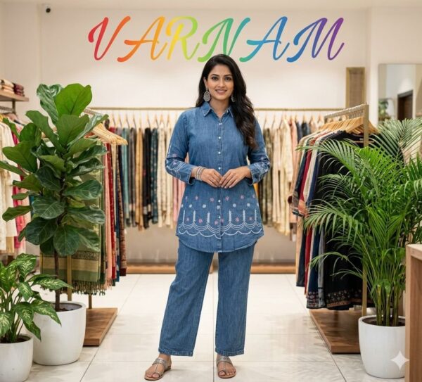 Denim Embroidered Co-ord Set for Women