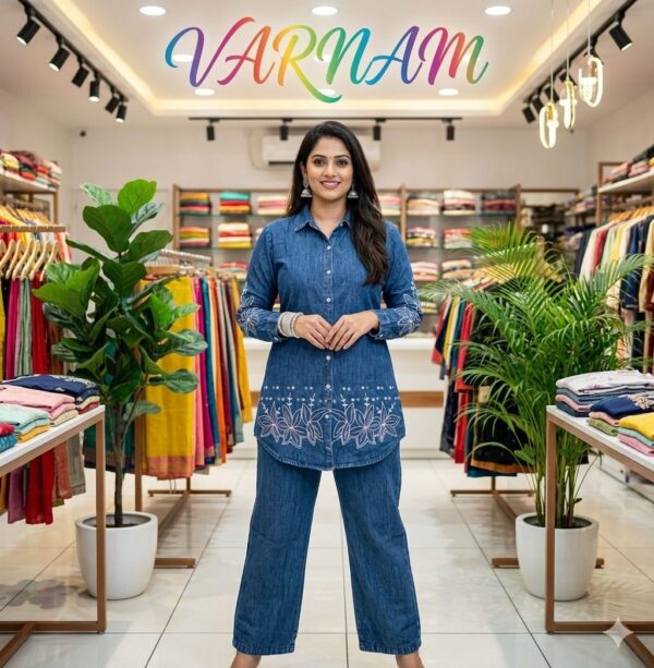 Elegant Embroidered Denim Co-ord Set for Women