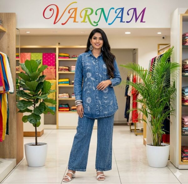 Indo-Western Embroidered Denim Outfit ( Cord set)