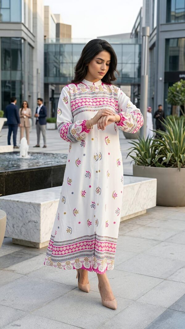 IVORY ELEGANCE BLUE, GREEN,PINK BORDER ETHNIC ABAYA GOWN