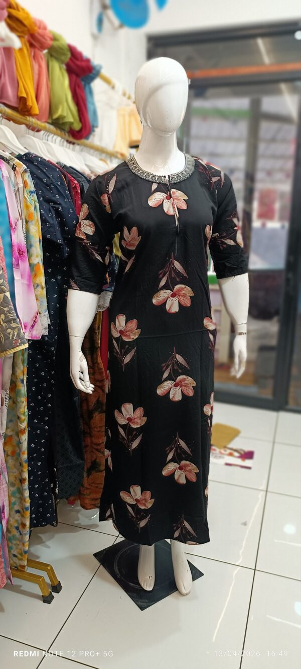 Soft Rayon Black Nighty With Elegant Floral Detailing