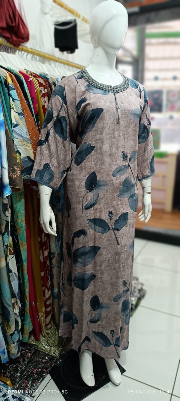 Dusty Mauve Leaf Print  Nighty with Embroidered Neckline