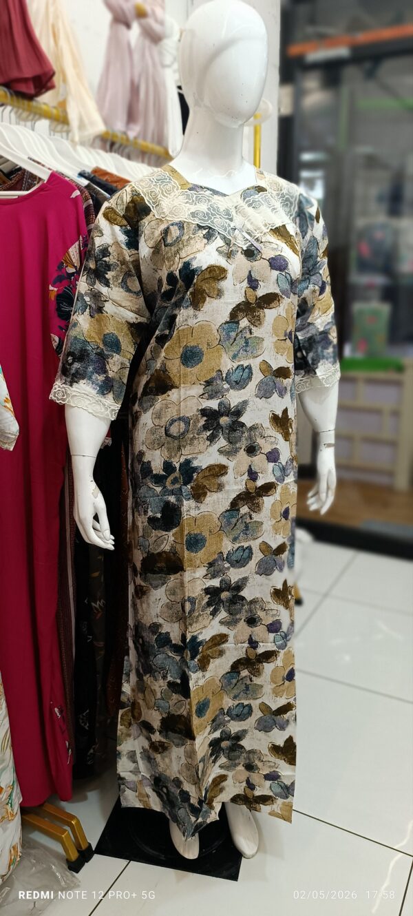 Elegant Floral Printed  Nighty with Lace Neck - 005